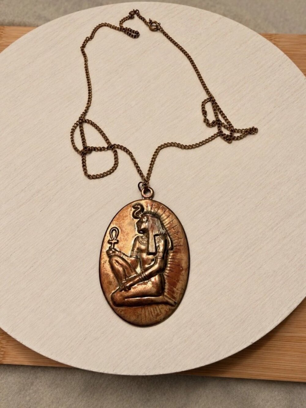 Vintage Egyptian Revival Isis Ankh Pendant Necklace Copper Tone